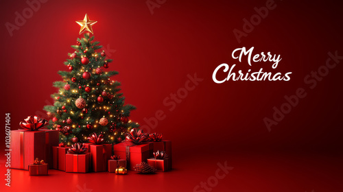 beautifully decorated Christmas tree with glowing lights and star on top stands surrounded by red gift boxes against rich red background, evoking festive and joyful atmosphere