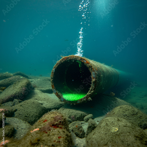 Illustration of Toxic Contaminants from Industrial Runoff as Underwater Pipe Leakage from discarded Waste