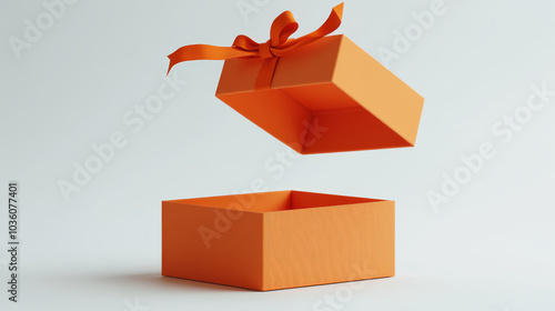 open orange gift box with ribbon floats above its base, creating sense of surprise and anticipation. minimalist design highlights vibrant color and elegant presentation