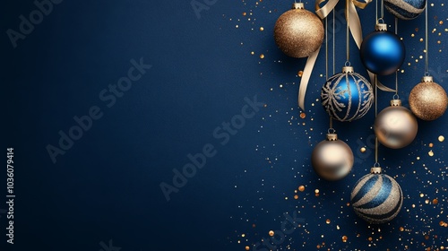 Christmas and New Year minimalistic background. Golden and blue Glass Balls hanging on ribbon on Navy blue background with copy space for text. The concept of Christmas and New Year holidays 