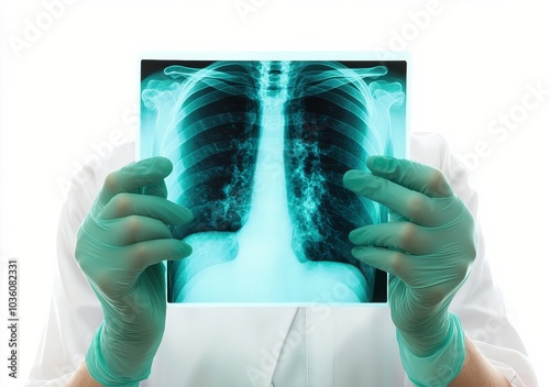 Medical professional holding a chest X ray in a clinical setting during daylight