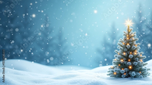 Christmas Tree in Winter Wonderland with Sparkling Snowfall, Xmas banner with copyspace, Generative Ai