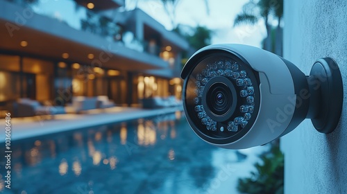 Surveillance camera mounted on wall, monitoring a luxury outdoor pool area in the evening light.