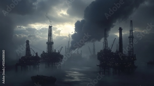 In this scene, dark clouds loom over an industrial landscape, where silhouetted oil rigs create an ominous and somber atmosphere