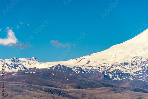 The snow-covered slope of the harsh volcano Elbrus. Russia.