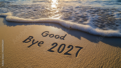 Good bye 2027 written on sand with ocean waves New Year concept happy new year generated.AI