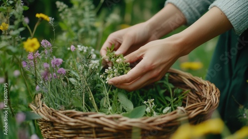 Die Ernte der Natur: Frau sammelt wilde Kräuter und Blumen für Frühlingsinspiration