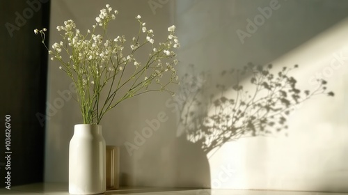 Frühlingshafte Ruhe: Schleierkraut in weißer Vase mit natürlichem Schattenspiel für minimalistisches Design