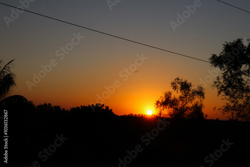 Un lindo atardecer único sobre unos árboles de fondo