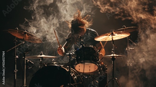 Rock drummer in action, surrounded by drum kit