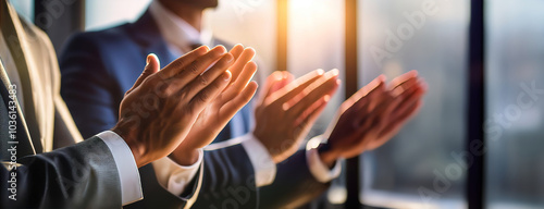 Business professionals clapping hands during a meeting, recognizing achievements or success with sunlight streaming through windows.