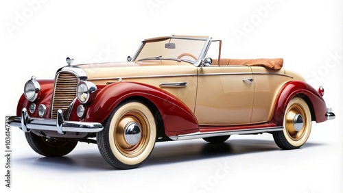 Red and beige classic convertible car with whitewall tires is posing in a studio