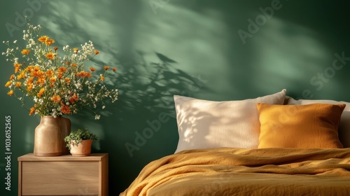 Cozy bedroom featuring an orange flower arrangement in a vase, orange pillow and blanket, all against a rich green wall creating a warm atmosphere.