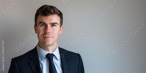 Professional Young Man in Suit Against Neutral Background for Corporate and Business Use