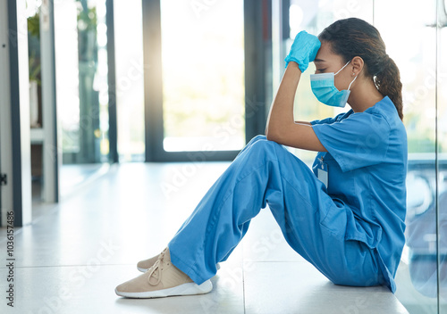 Sad, woman and doctor with stress at hospital for surgery mistake, medical crisis and depression of burnout. Tired, female surgeon and anxiety with healthcare news, accident trauma and emergency risk