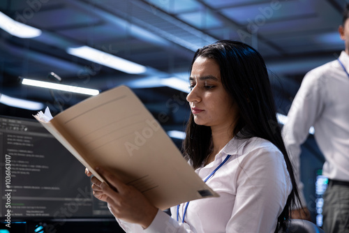 Data center supervisor checking emergency procedures paperwork to ensure company continuity in case of system failure. Employee in server hub facility ensuring compliance with industry regulations