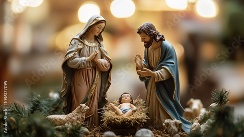  Holy Virgin Mary and Joseph with the newborn baby Jesus Christ in a manger, represented by ceramic figurines, symbolizing the nativity scene in a rustic barn.