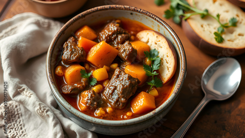 Hearty and flavorful Argentinian beef casserole stew in a bowl, featuring tender beef, sweet potatoes, corn