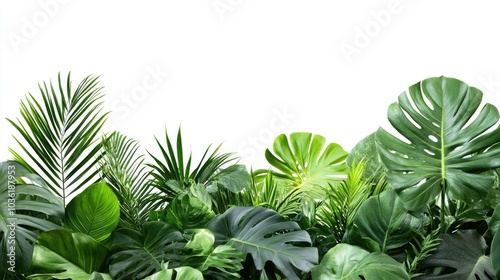 Dense arrangement of lush green tropical plants featuring an array of leaves isolated against a white background