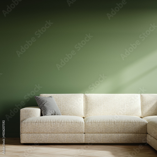 Interior with beige sofa and empty green mockup wall background. 3D Rendering, 3D Illustration