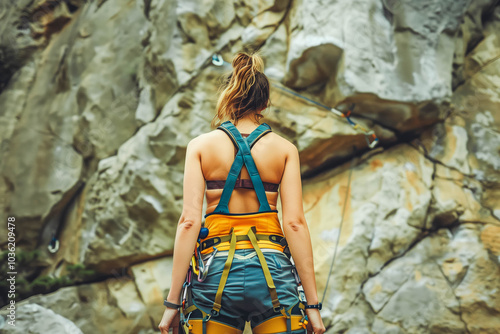 Rear view of Woman wearing in climbing equipment standing in front of a stone rock outdoor and preparing to climb.