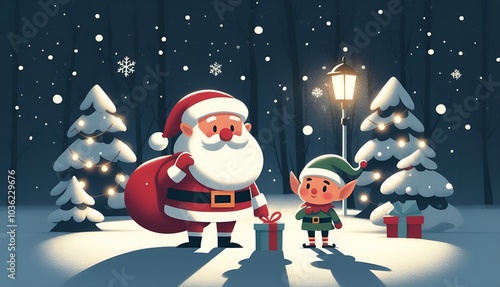 minimalist illustration A cheerful, animated winter scene featuring Santa Claus on the right standing beside a cute elf the left in a snowy landscape.