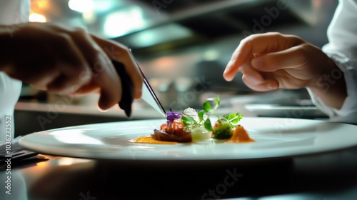 A food critic reviewing a dish in a restaurant with a smartphone and taking food photos for a blog, Modern lifestyle scene, Gastronomic style