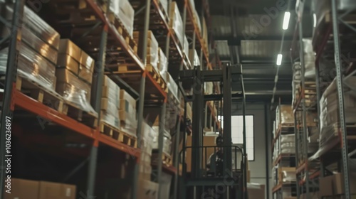 A forklift maneuvering pallets in a bustling warehouse, logistics setting with shelves of goods, Minimalist style