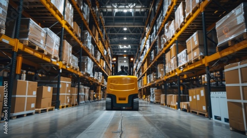 A forklift maneuvering pallets in a warehouse, industrial setting with shelves stocked with boxes, Dynamic style