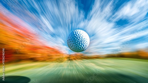 Double exposure of a golf ball mid-flight, merging with a vibrant fairway, pin in the distance. Blurred motion effect in the sky, vibrant greens contrast