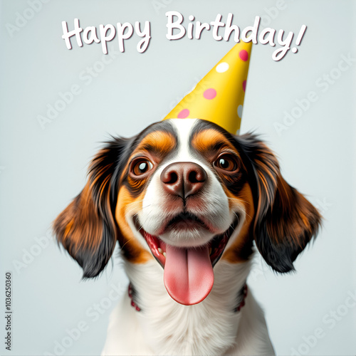 Funny dog wearing pary hat, birthday celebration card. Happy pets. Generative AI