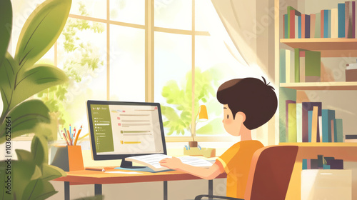 The little boy sitting in front of the computer doing homework