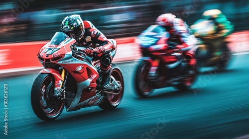 A red motorcycle races down a track, its rider leaning into the turn, with two other riders behind him in a blur.