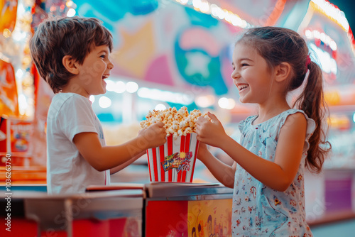 Two children sharing popcorn and laughing in a vibrant amusement park 