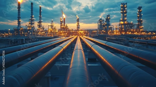 Fuel Processing Technology Refinery pipelines stretching into horizon, intricate industrial network