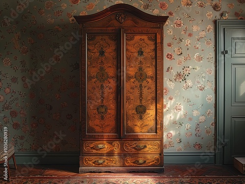 A vintage wooden wardrobe with floral inlays in a softly lit room with patterned wallpaper.