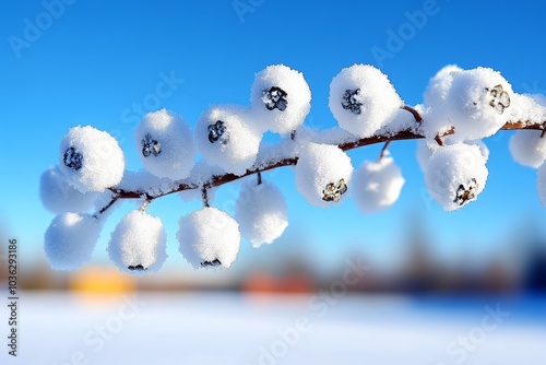 A Snowberry branch covered in snow, creating a stark white-on-white scene in the winter