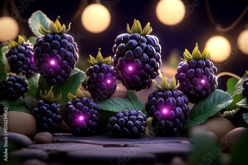 A fantasy garden filled with glowing Blackberries (Rubus Fruticosus), their deep purple fruits shimmering under the soft light of a full moon