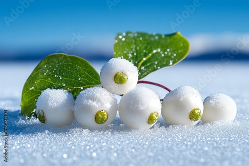 A Snowberry branch covered in snow, creating a stark white-on-white scene in the winter