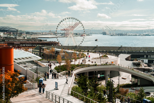 Seattle Waterfront Park on Alaska Way. New Park connected to Pikes Place Market overlooking the Great Wheel.