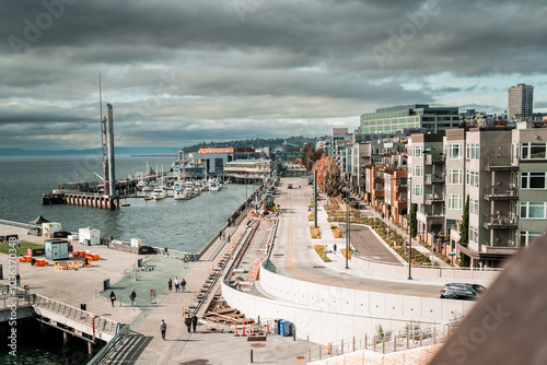 Seattle Waterfront Park on Alaska Way. New Park connected to Pikes Place Market overlooking the Great Wheel.