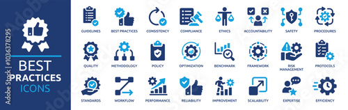 Best practices icon set. Containing workflow, guidelines, performance, standards, improvement, protocols, procedures and methodology. Solid vector icons collection.