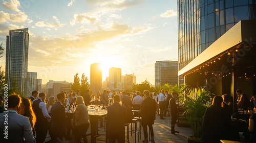 Business professionals networking at a rooftop event during sunset, with a city skyline in the background, creating a vibrant and sophisticated social atmosphere