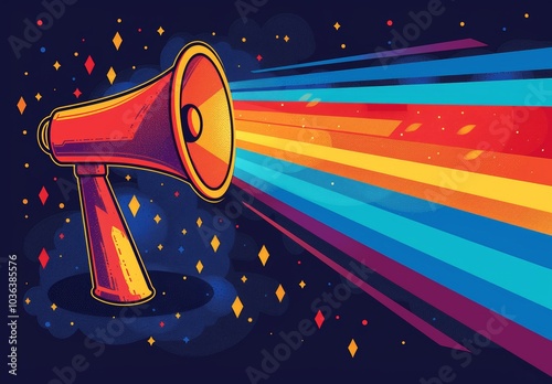 Rainbow Striped Megaphone on Dark Blue Background