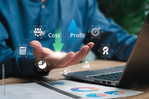 Cost and profit management, Quality control concept, Businessman planning to cost reduction, Profit up, Company or industry payment cost lean reduction analysis, Maximize profits and financial