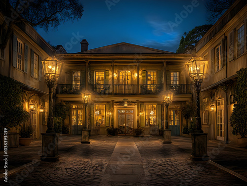 Real Estate - A beautifully lit courtyard of a historic mansion at dusk.