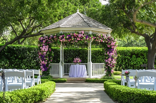 A beautiful white gazebo decorated with vibrant pink, purple, and green flowers is set in the middle of an elegant garden wedding ceremony decor 