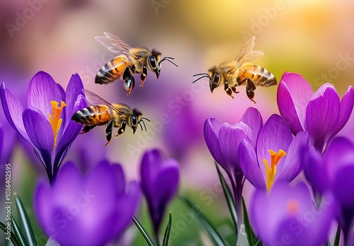 A group of bees flying around purple crocuses in the garden