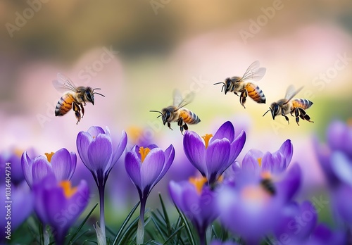 A group of bees flying around purple crocuses in the garden