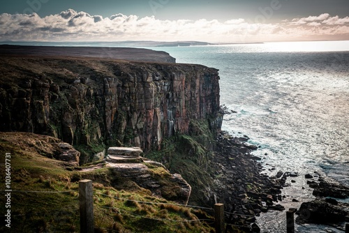 Breathtaking view of a cliffside overlooking the ocean with a clear sky and distant landmasses